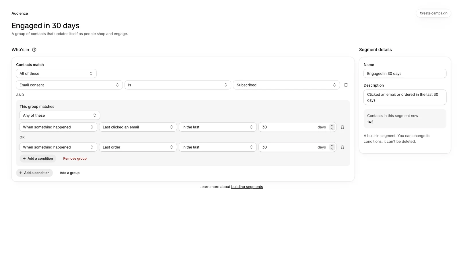 A segment built from grouped conditions on purchases and engagement, with a live count of the contacts it matches