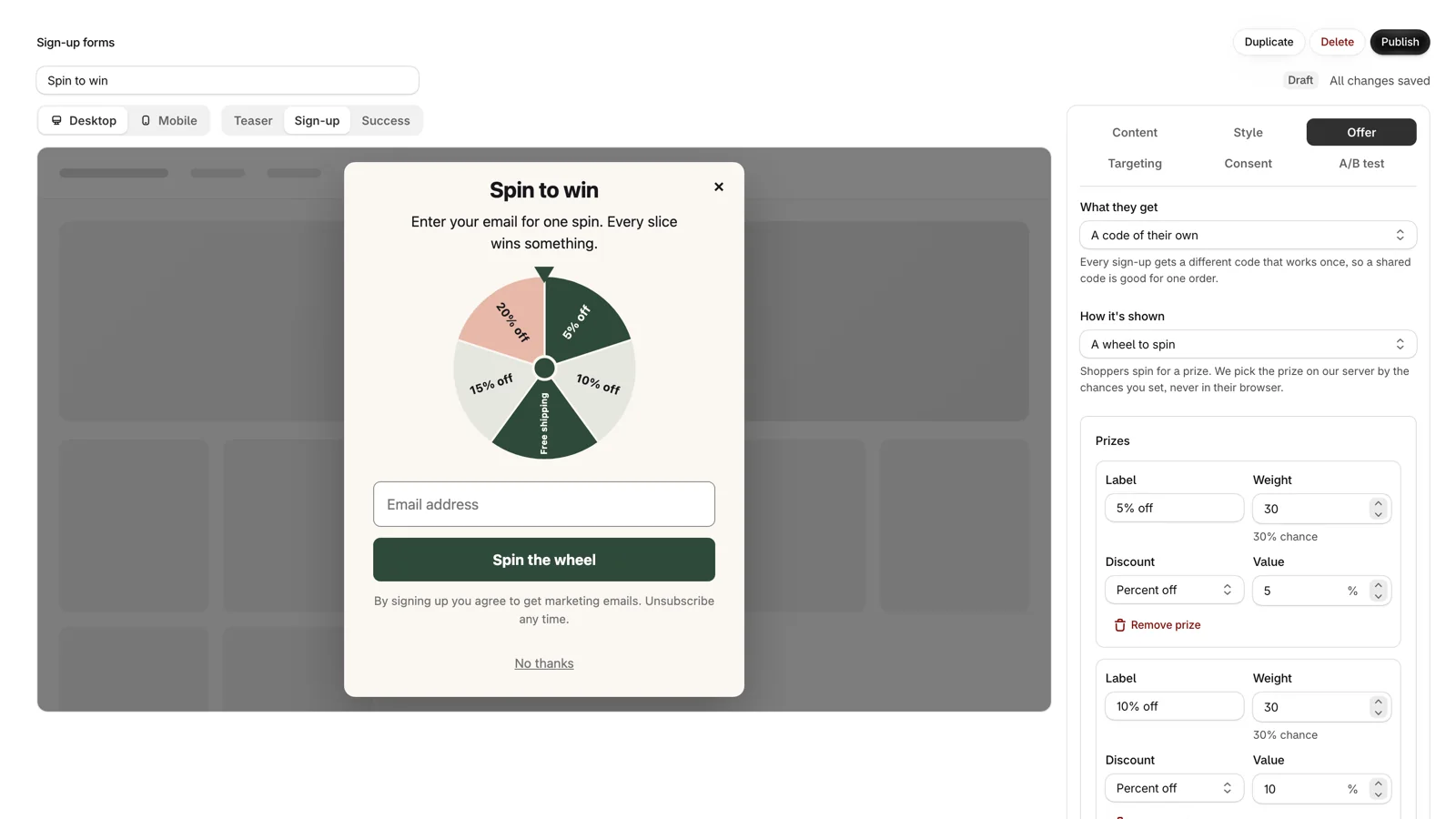 A spin to win popup in the store's colors in the form editor, with the Offer tab setting each prize, its chance and its discount