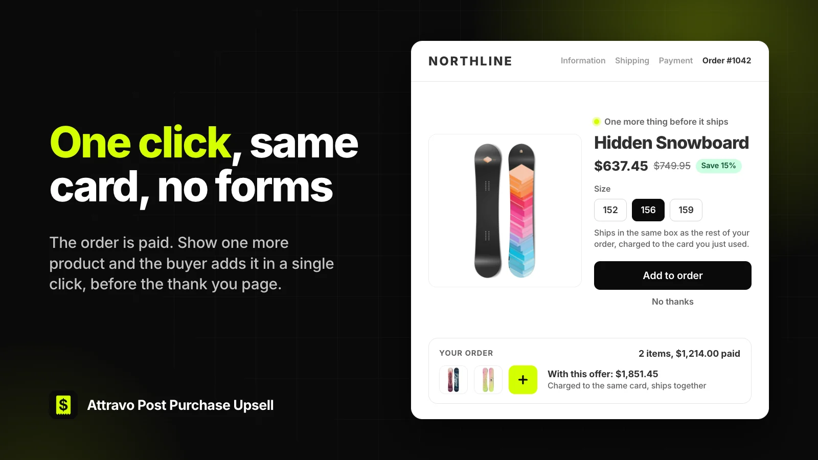 The post-purchase page after payment, offering a snowboard with a size picker and a one-click Add to order button, above the paid order