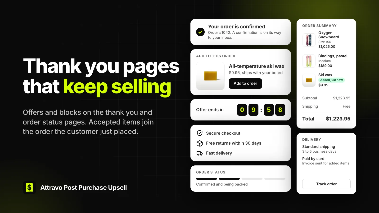 A thank you page with an add-on offer, a countdown timer, trust badges and order status beside the order summary