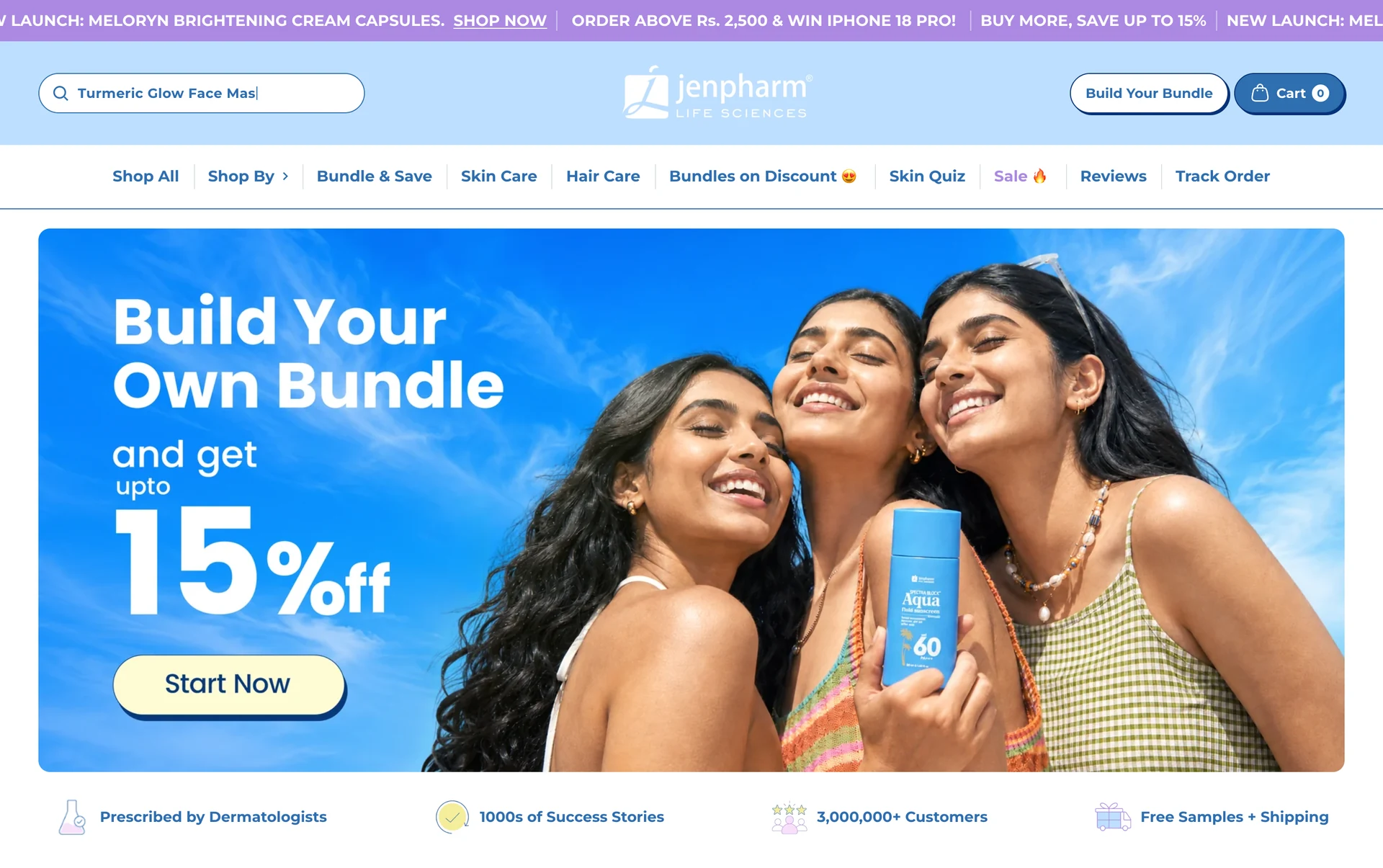 Build Your Own Bundle page with the Build Your Bundle button in the header, the Bundle & Save menu and a banner offering up to 15% off