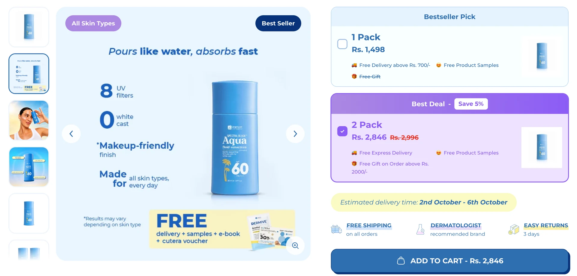 Spectra Block sunscreen product page beside its gallery, with the 2 Pack selected: Best Deal, Save 5%, Rs 2,846 against Rs 2,996, and Add to Cart at Rs 2,846