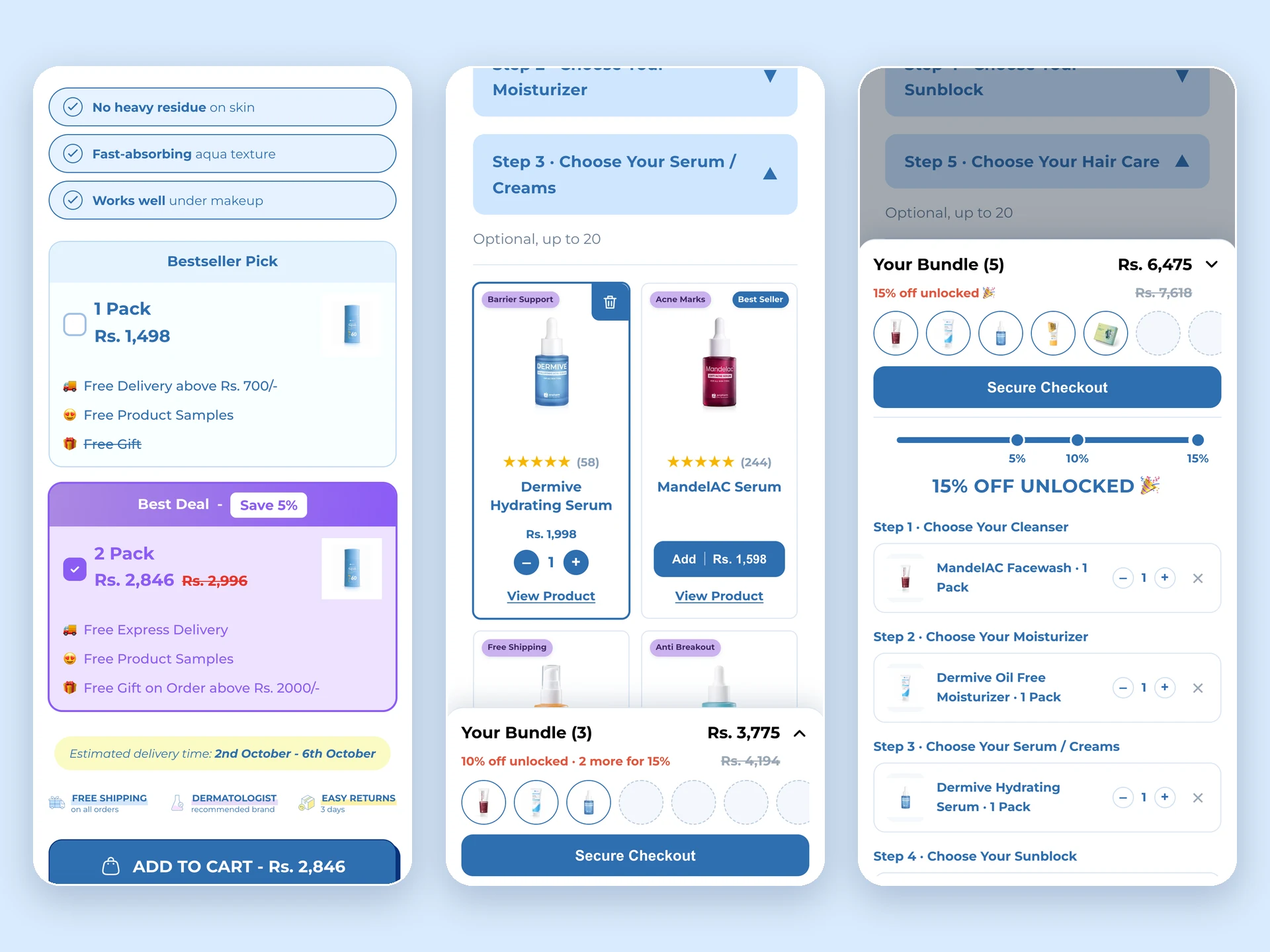 Jenpharm's bundles on a phone: the 2 pack picked on a product page and a built bundle with 15% off unlocked
