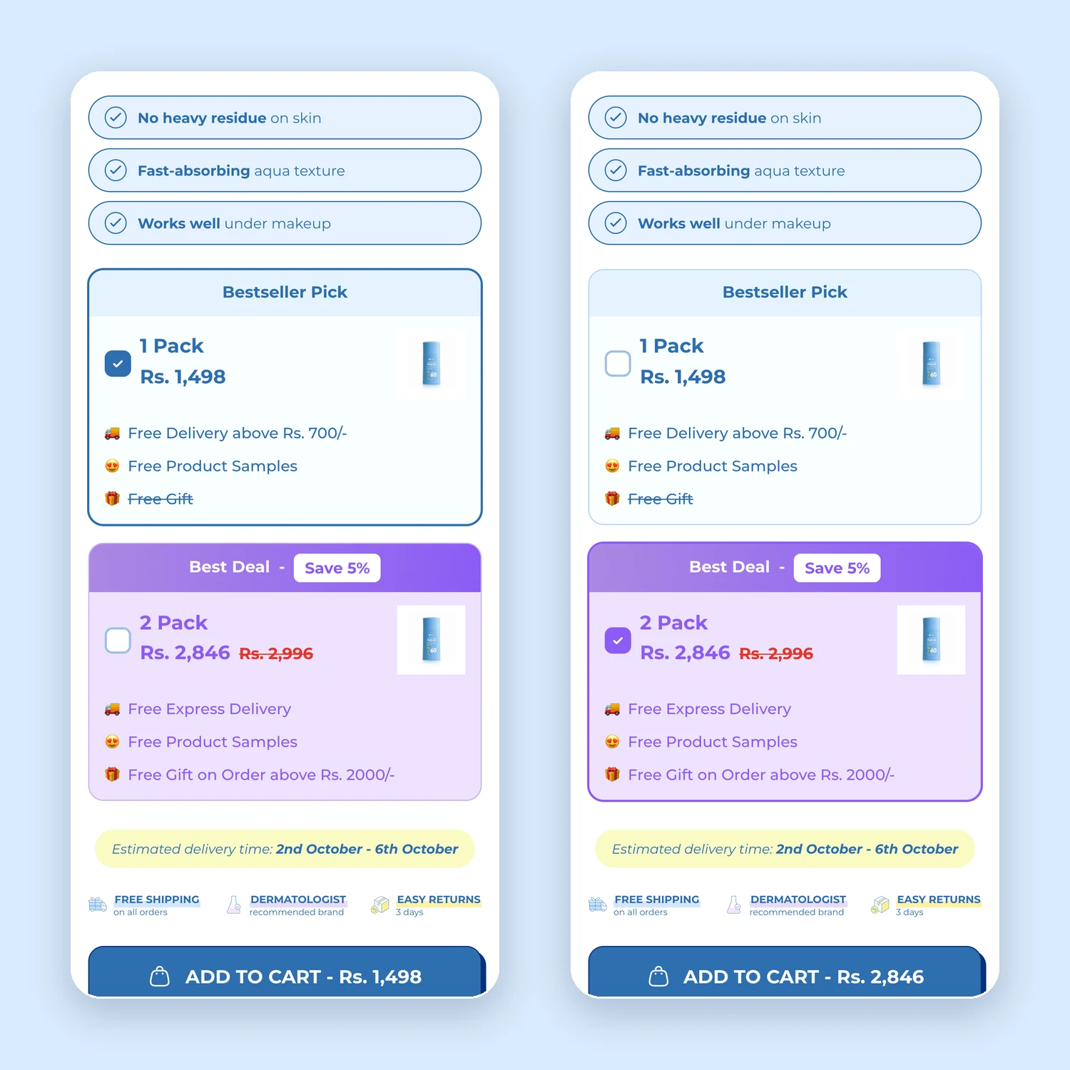Two phones showing the sunscreen's packs: the 1 Pack at Rs 1,498 with its free gift struck through, then the 2 Pack selected at Rs 2,846 with free express delivery and a free gift