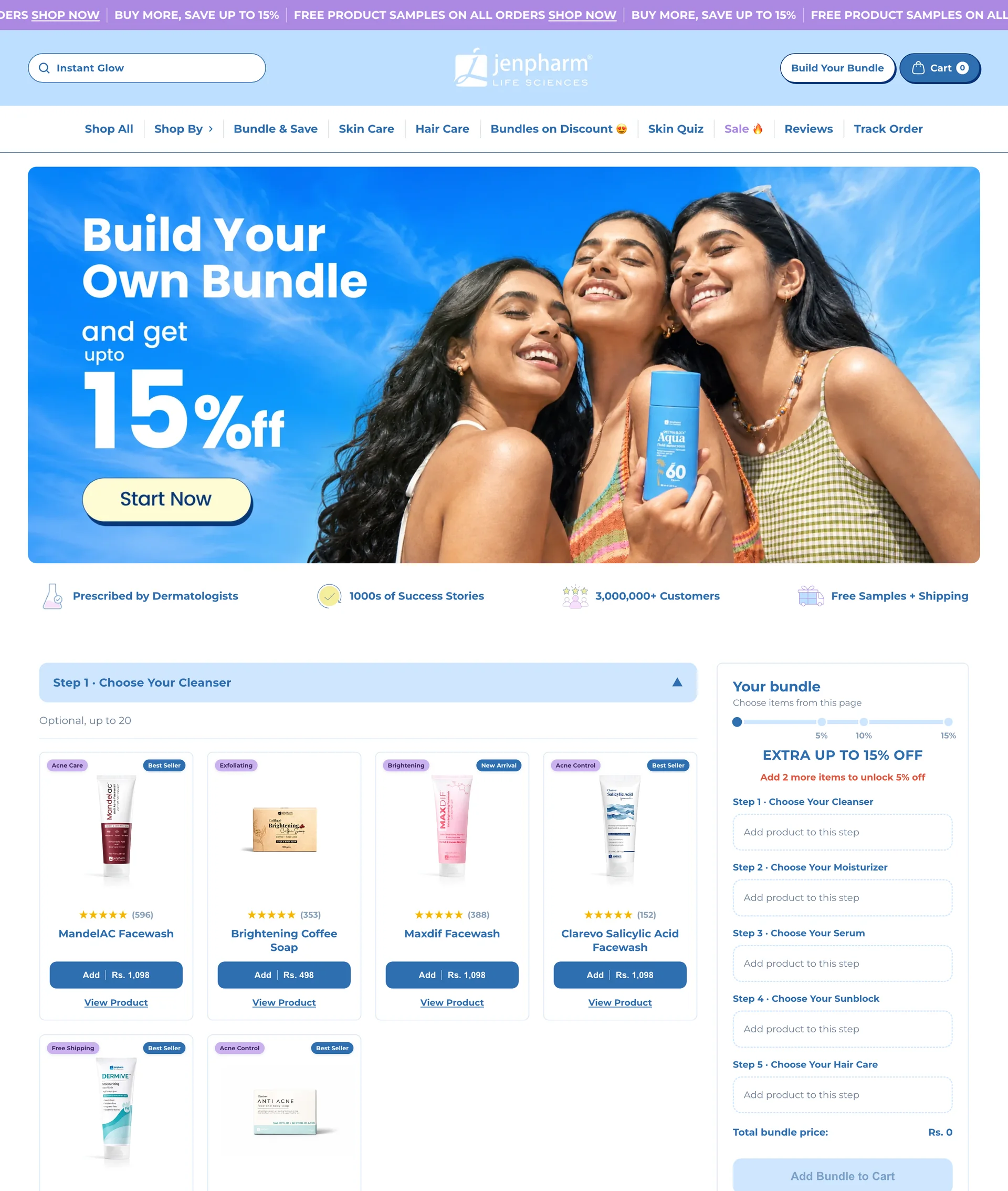Build Your Own Bundle page with a five step flow, a live discount ladder, and a running bundle summary