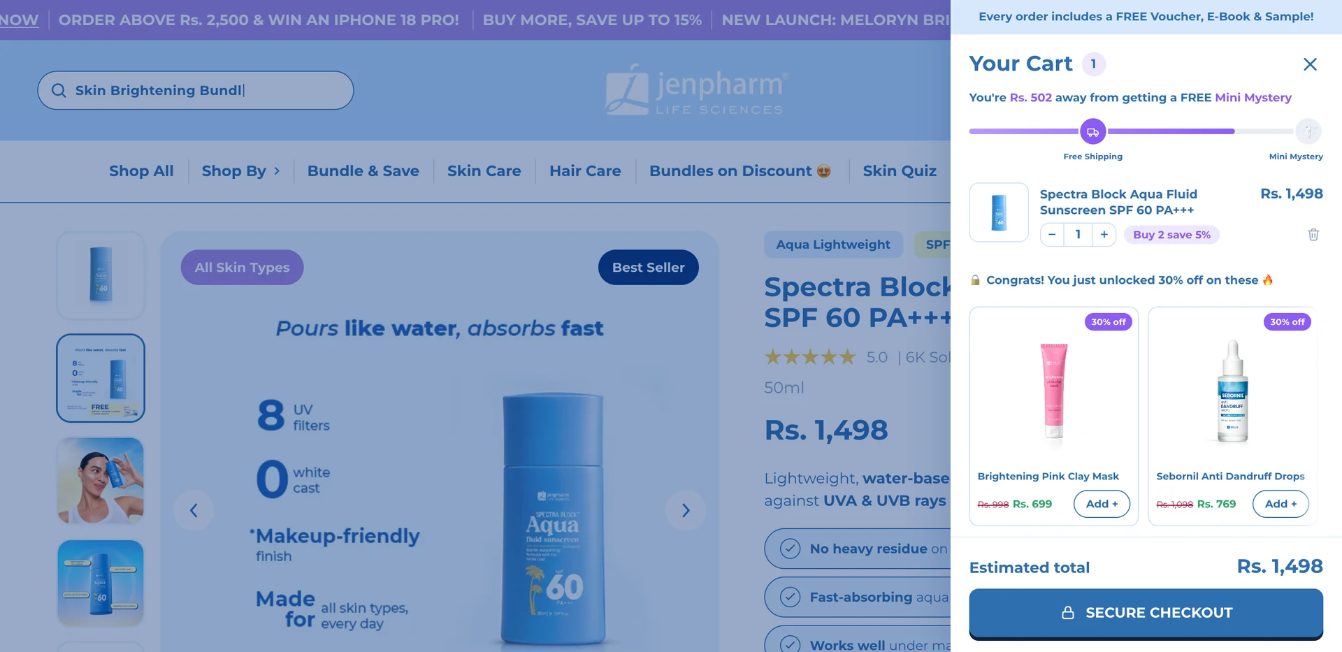 Cart drawer open over the sunscreen's product page: Rs 502 away from a free Mini Mystery, a Buy 2 save 5% tag on the line and 30% off add-ons unlocked below