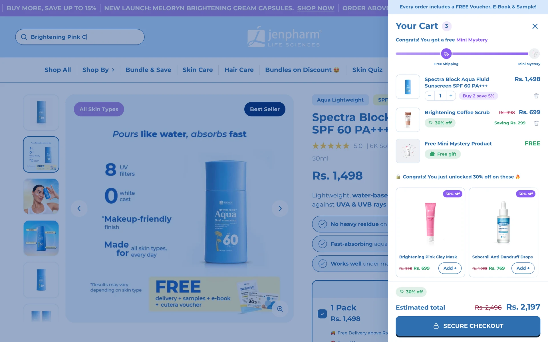 Cart drawer after adding the coffee scrub: Congrats! You got a free Mini Mystery, the scrub at Rs 699 saving Rs 299, a free gift line and the total down to Rs 2,197