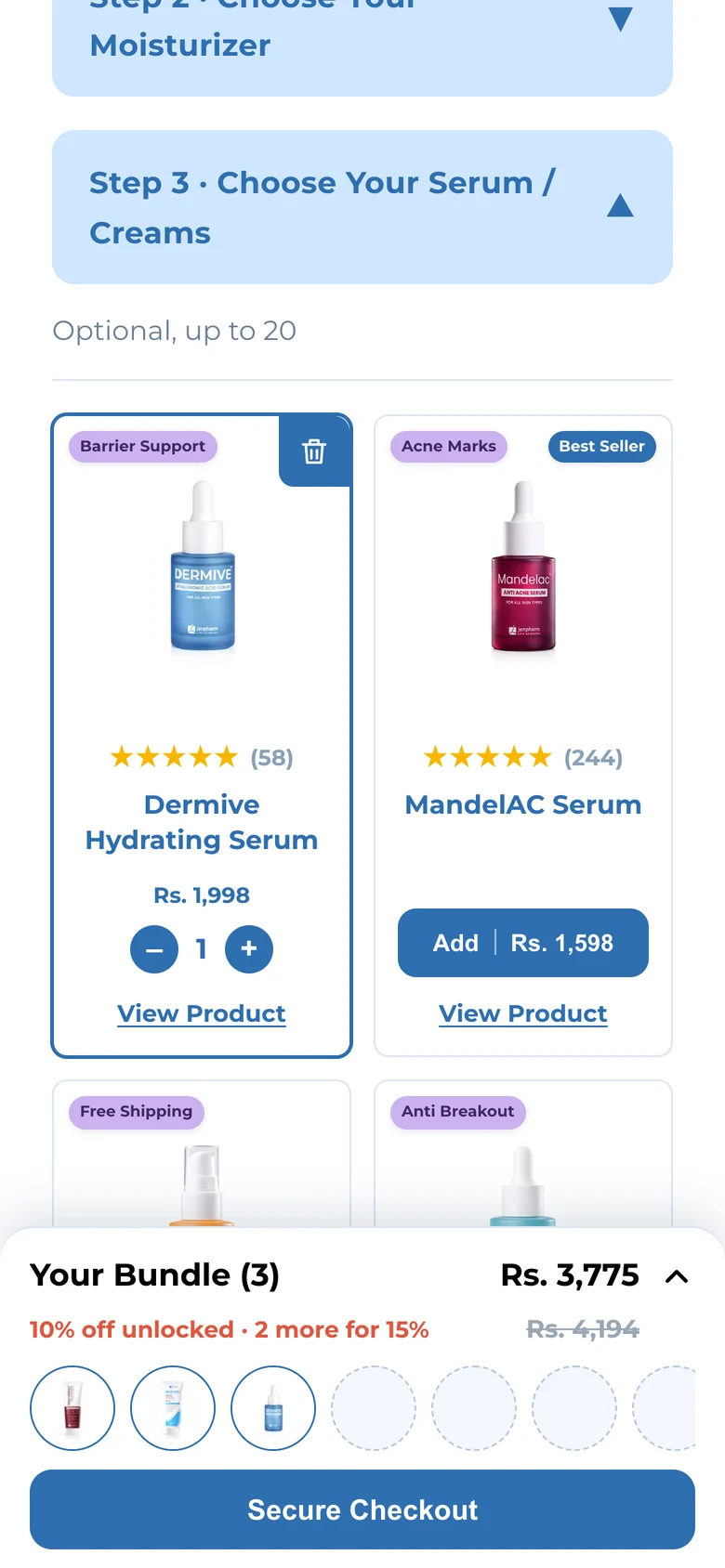 Three items: 10% off unlocked, Rs 3,775 against Rs 4,194