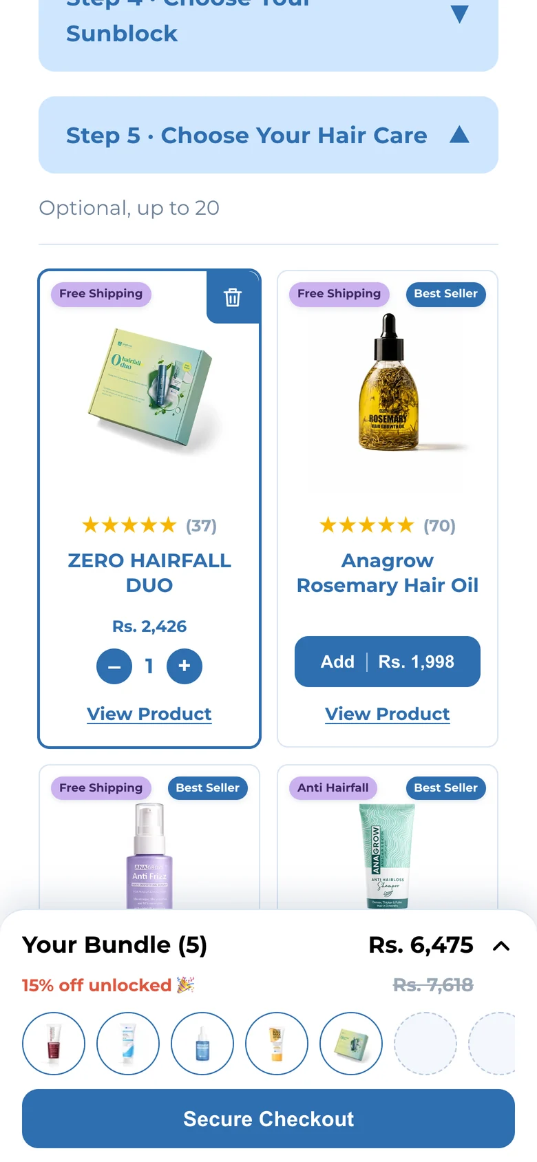 Five items: 15% off unlocked, Rs 6,475 against Rs 7,618