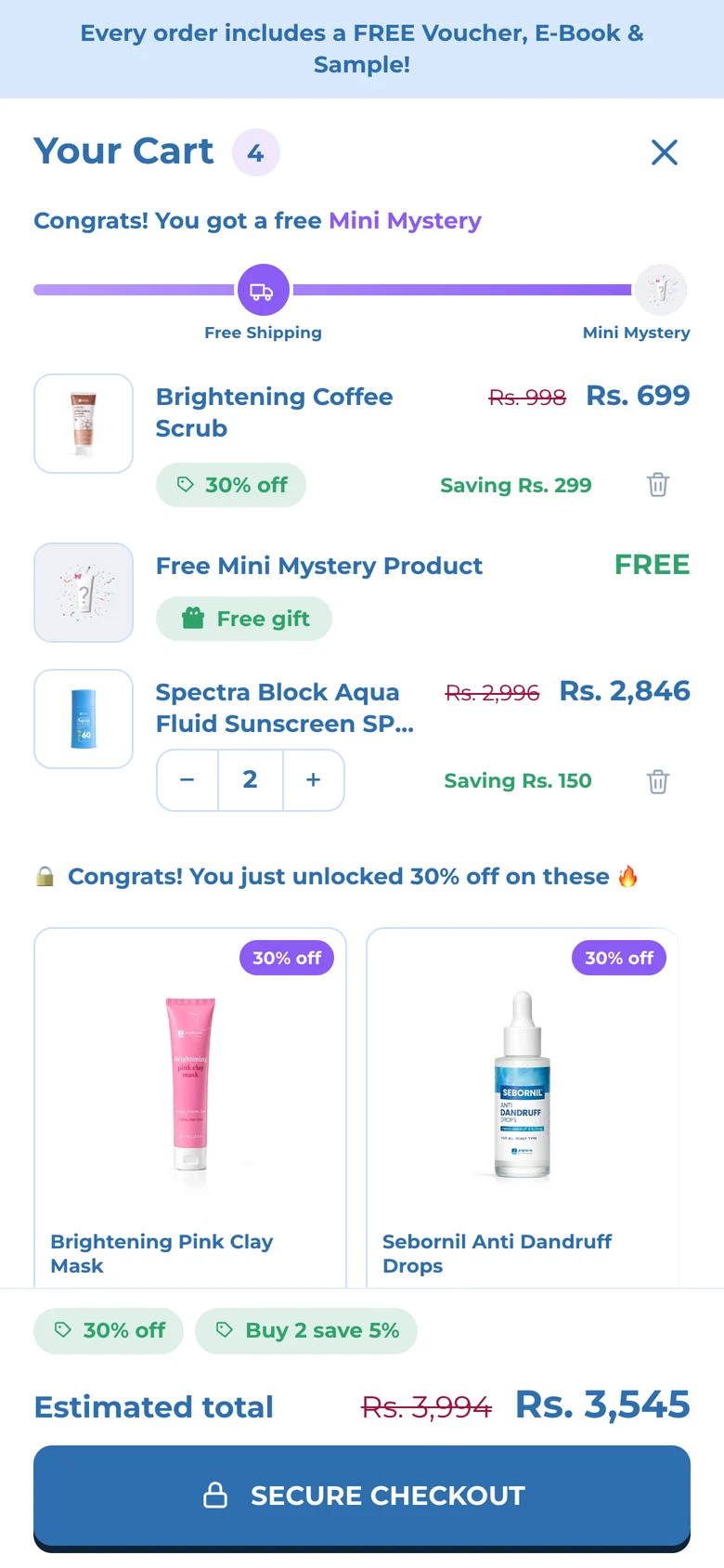 Sunscreen at quantity two: Rs 2,996 reduced to Rs 2,846, saving Rs 150