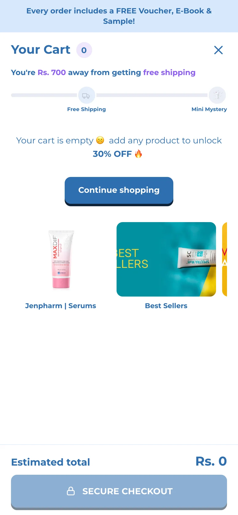 Empty cart: Rs 700 away from free shipping, with 30% off promised once any product is added