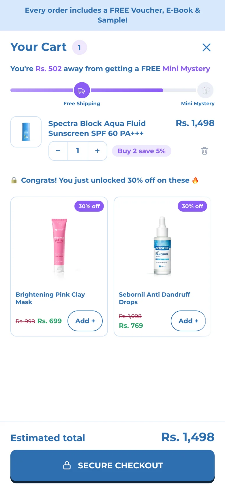 Sunscreen added: Rs 502 away from a free Mini Mystery, with 30% off add-ons unlocked