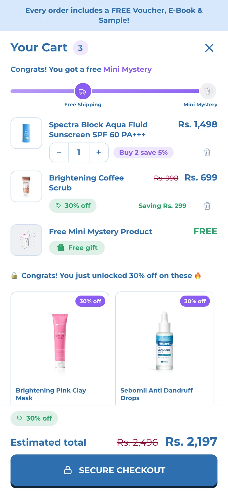 Coffee scrub added: free Mini Mystery unlocked and the total down to Rs 2,197