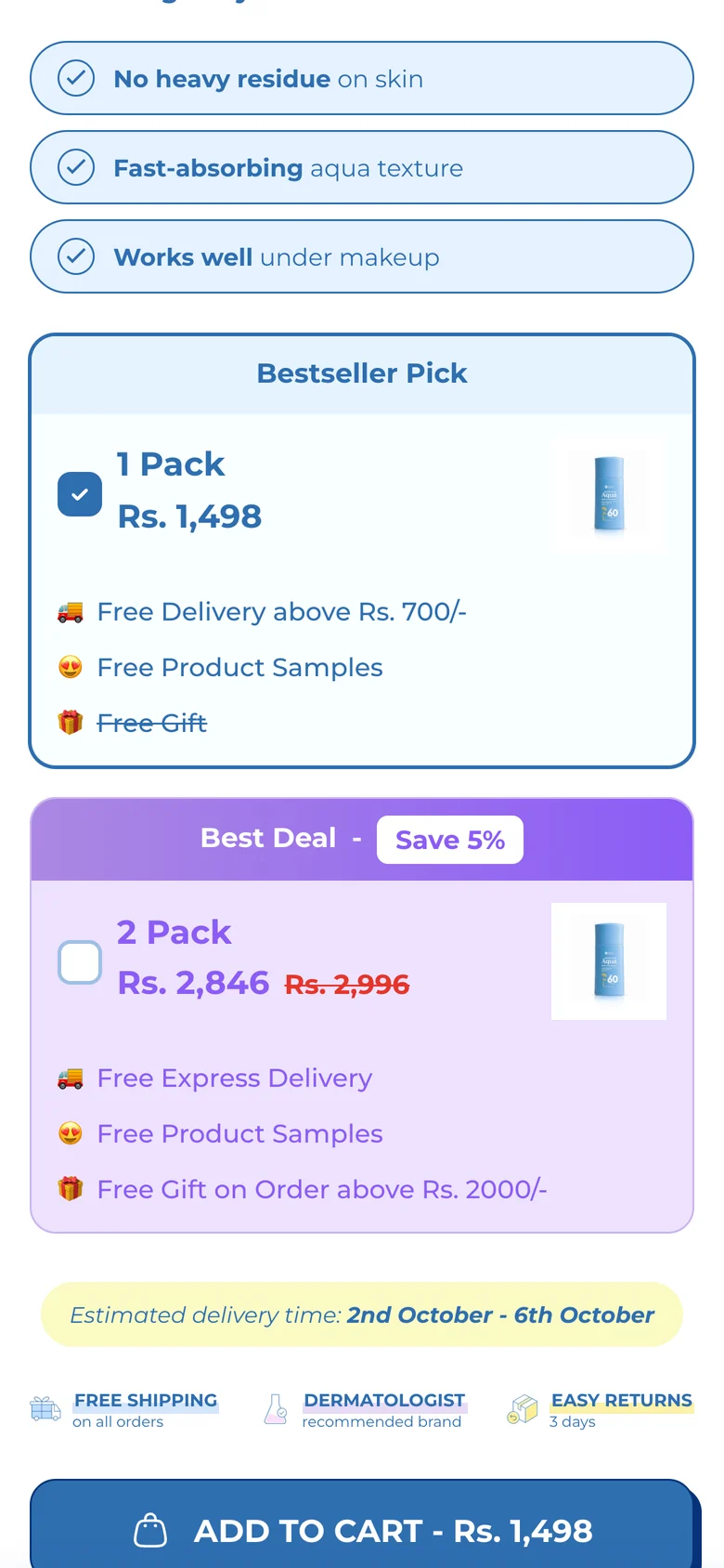 Product page with the 1 Pack selected at Rs 1,498 and its free gift struck through