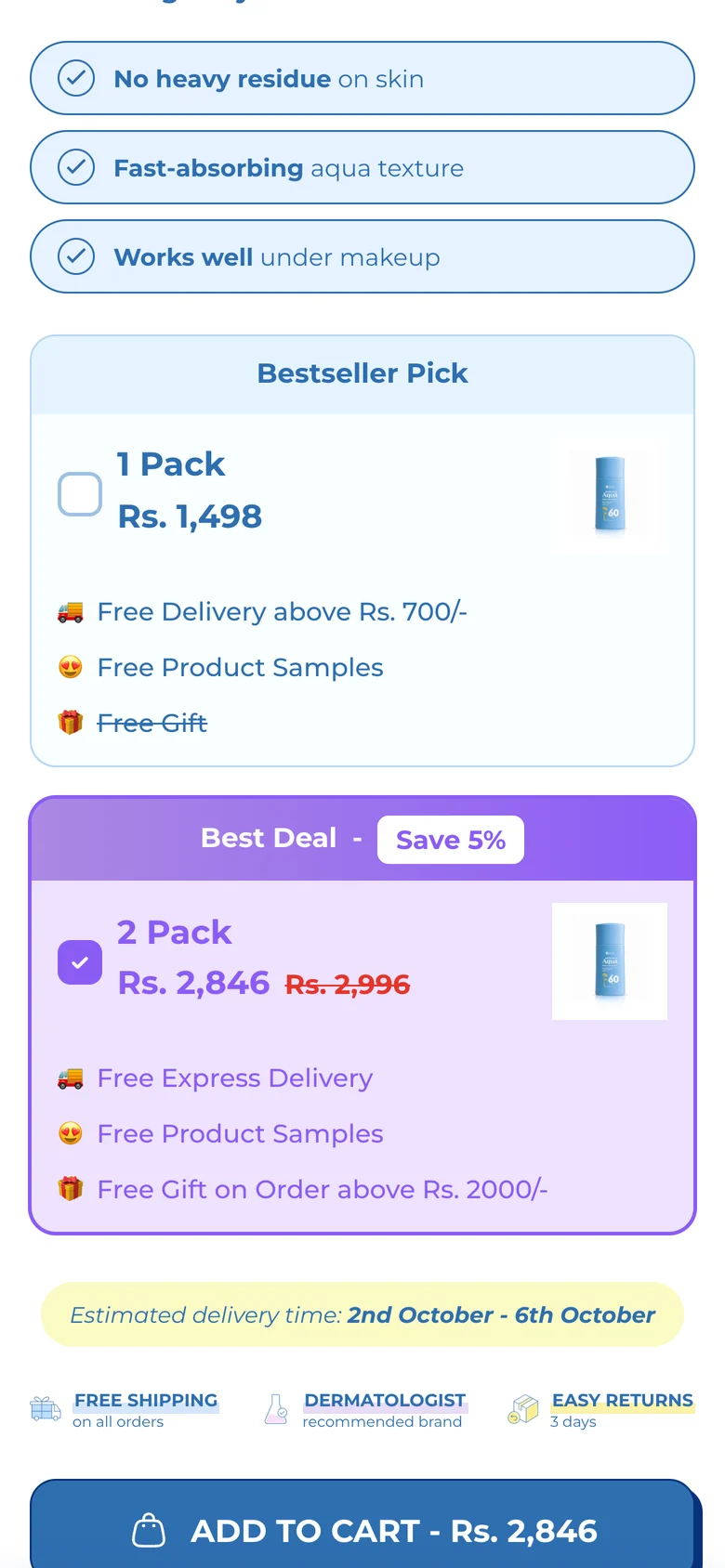 Product page with the 2 Pack selected at Rs 2,846, with free express delivery and a free gift