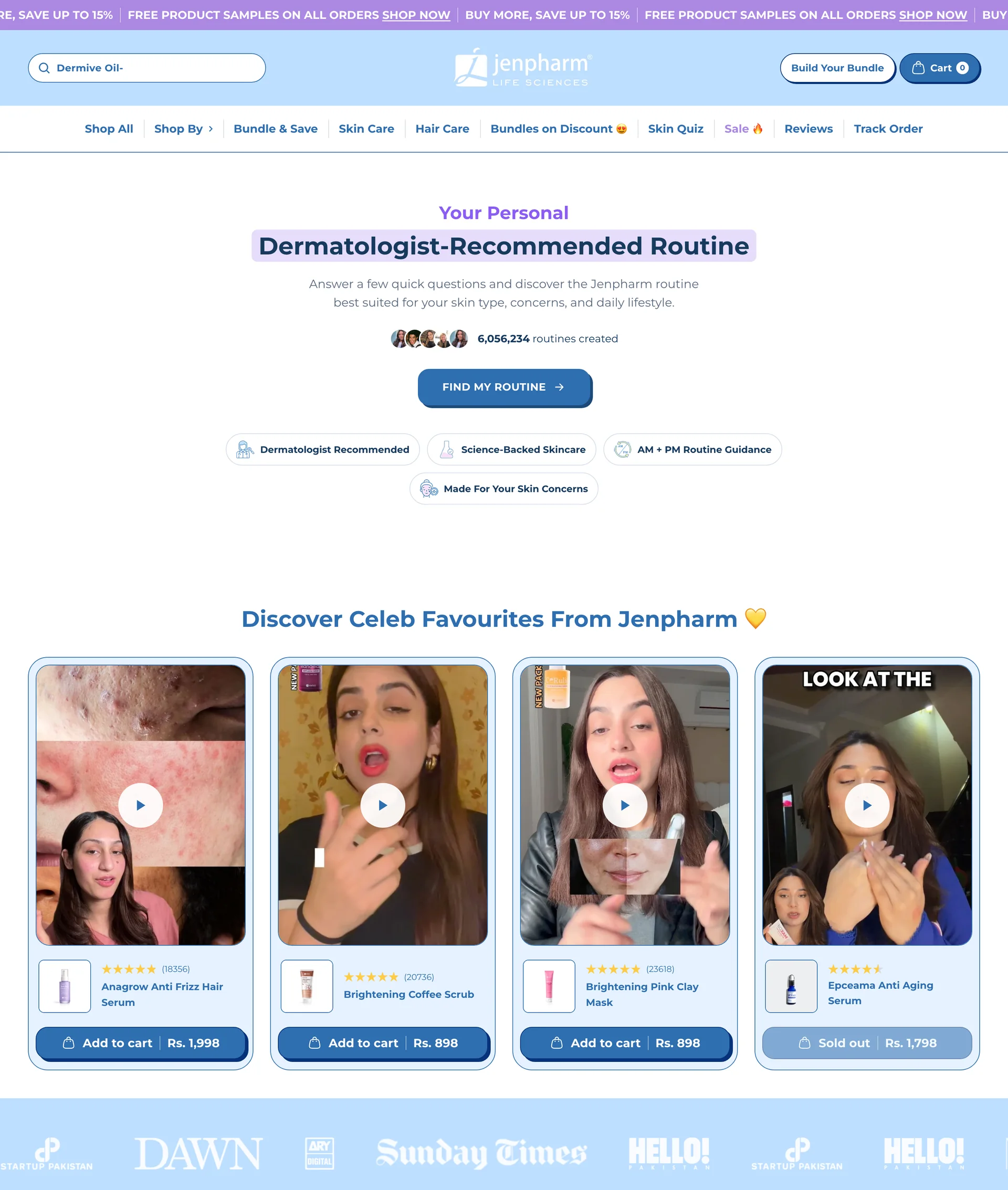 Jenpharm skin quiz landing with the routine finder and a row of native product videos below it